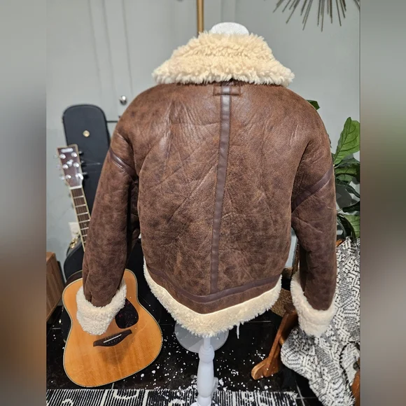 PACSUN Faux Leather Sherpa Moto Jacket. Brown/cream. Size Small - Picture 11 of 16